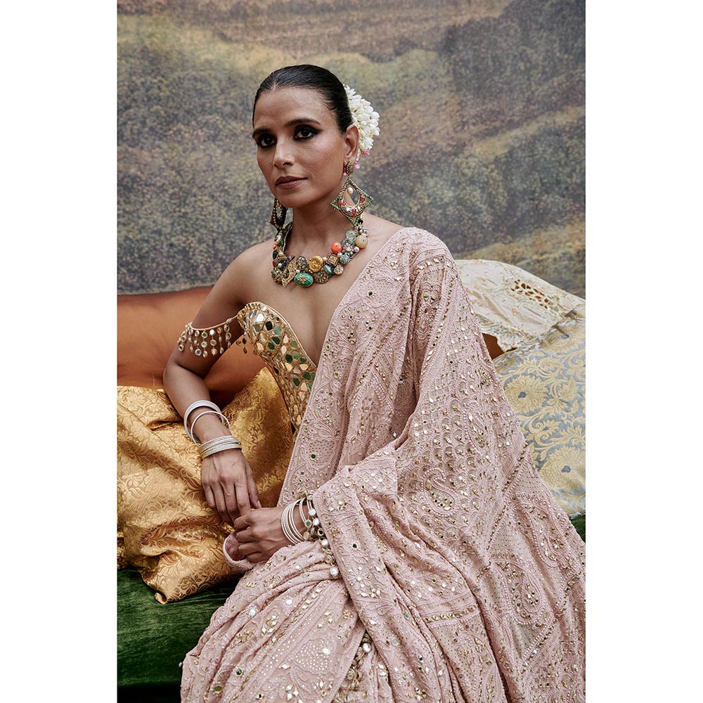 ITRH Pink Phool Saree with Stitched Blouse