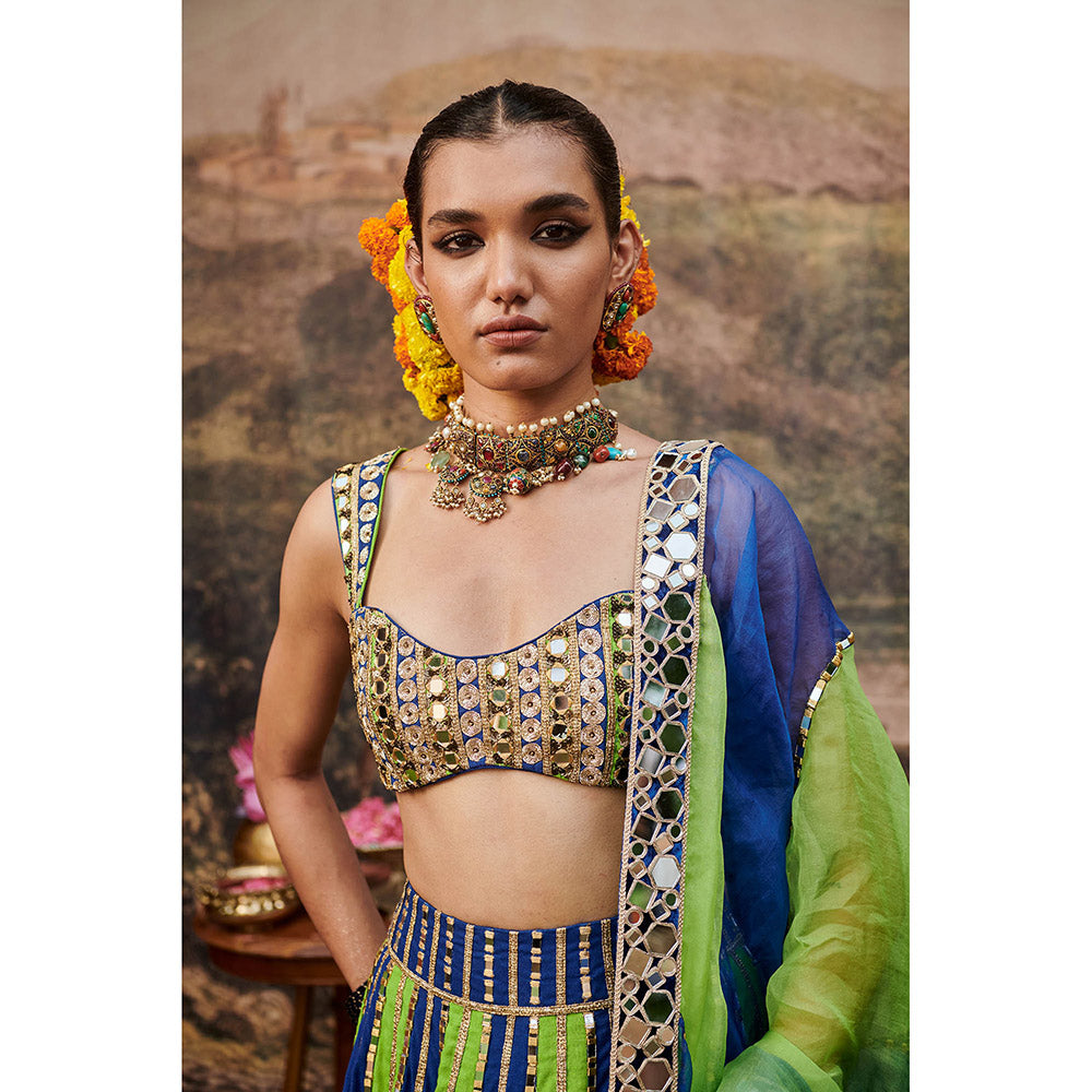 ITRH Hari Neel Lehenga with Blouse and Dupatta (Set of 3)