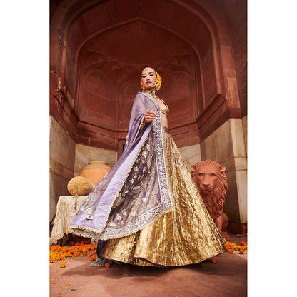 ITRH Gold Krishna Kumud Lampi Lehenga Blouse and Dupatta (Set of 3)