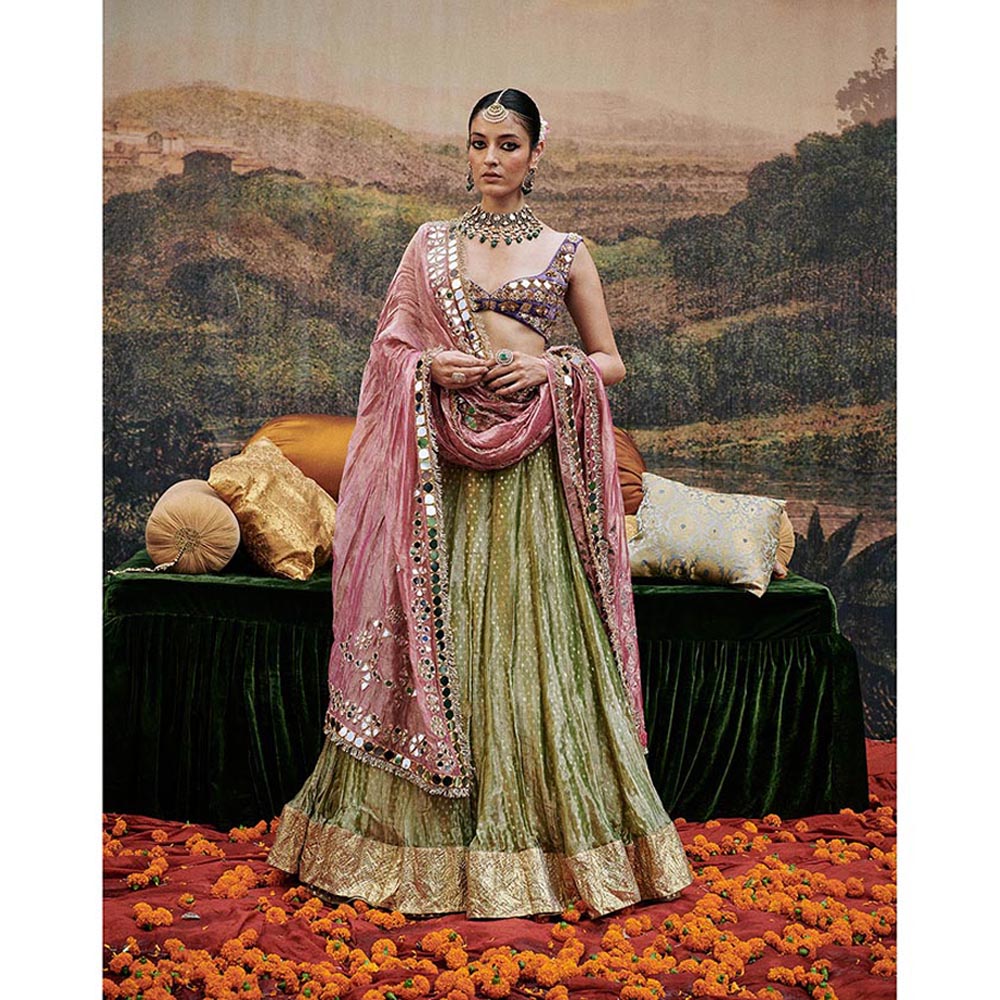 ITRH Green Azal Sheesh Lehenga with Blouse and Dupatta (Set of 3)