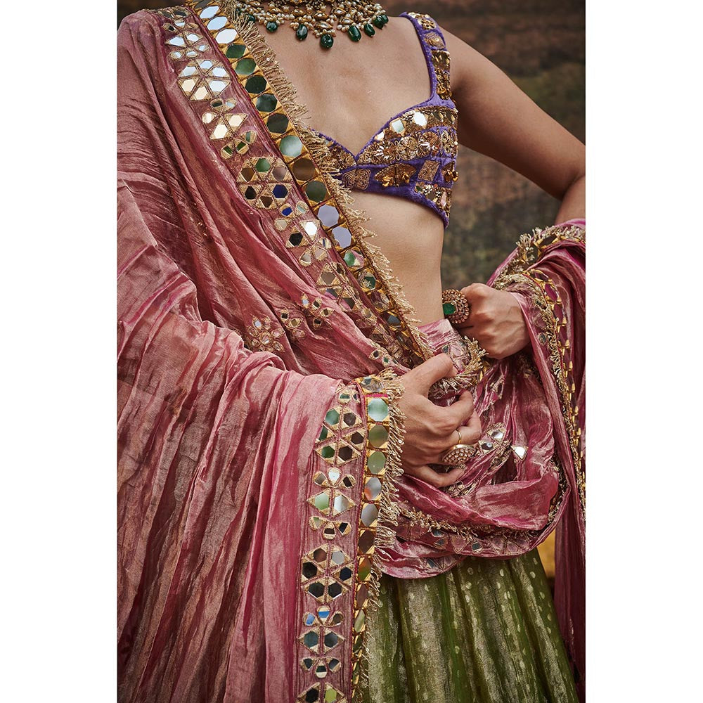 ITRH Green Azal Sheesh Lehenga with Blouse and Dupatta (Set of 3)