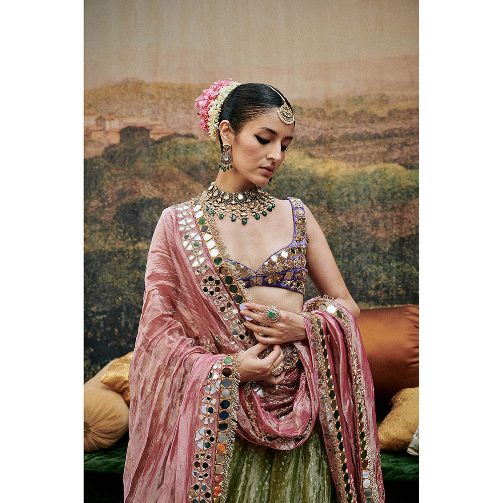 ITRH Green Azal Sheesh Lehenga with Blouse and Dupatta (Set of 3)