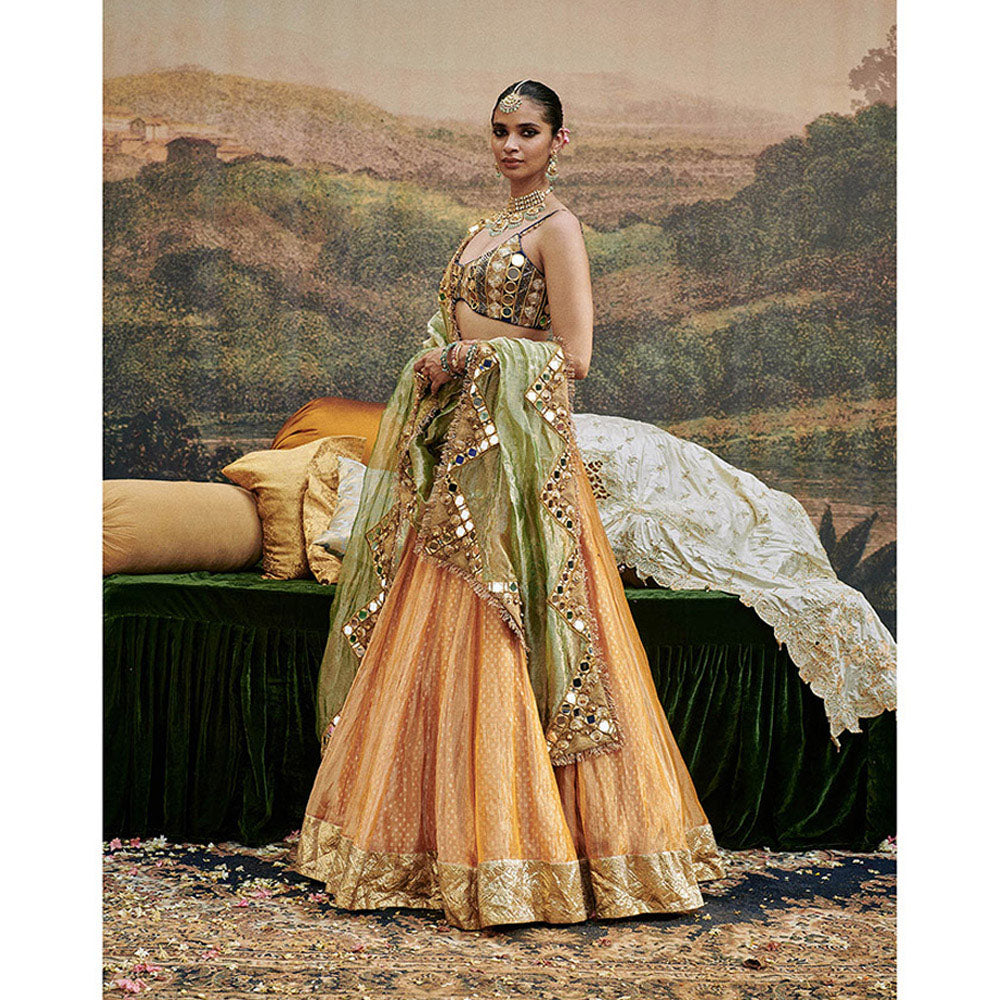 ITRH Orange Ina Sheesh Lehenga with Blouse and Dupatta (Set of 3)