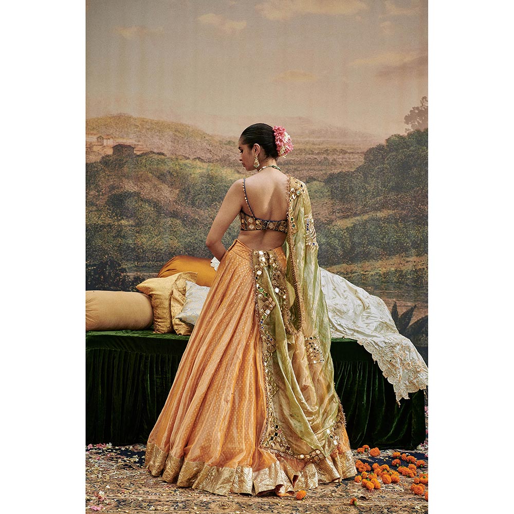 ITRH Orange Ina Sheesh Lehenga with Blouse and Dupatta (Set of 3)