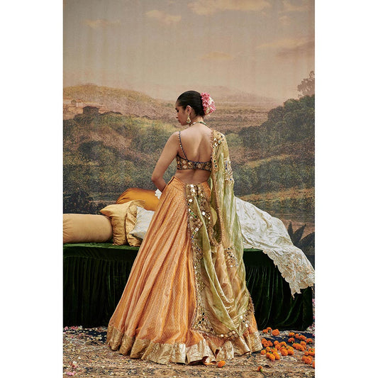 ITRH Orange Ina Sheesh Lehenga with Blouse and Dupatta (Set of 3)