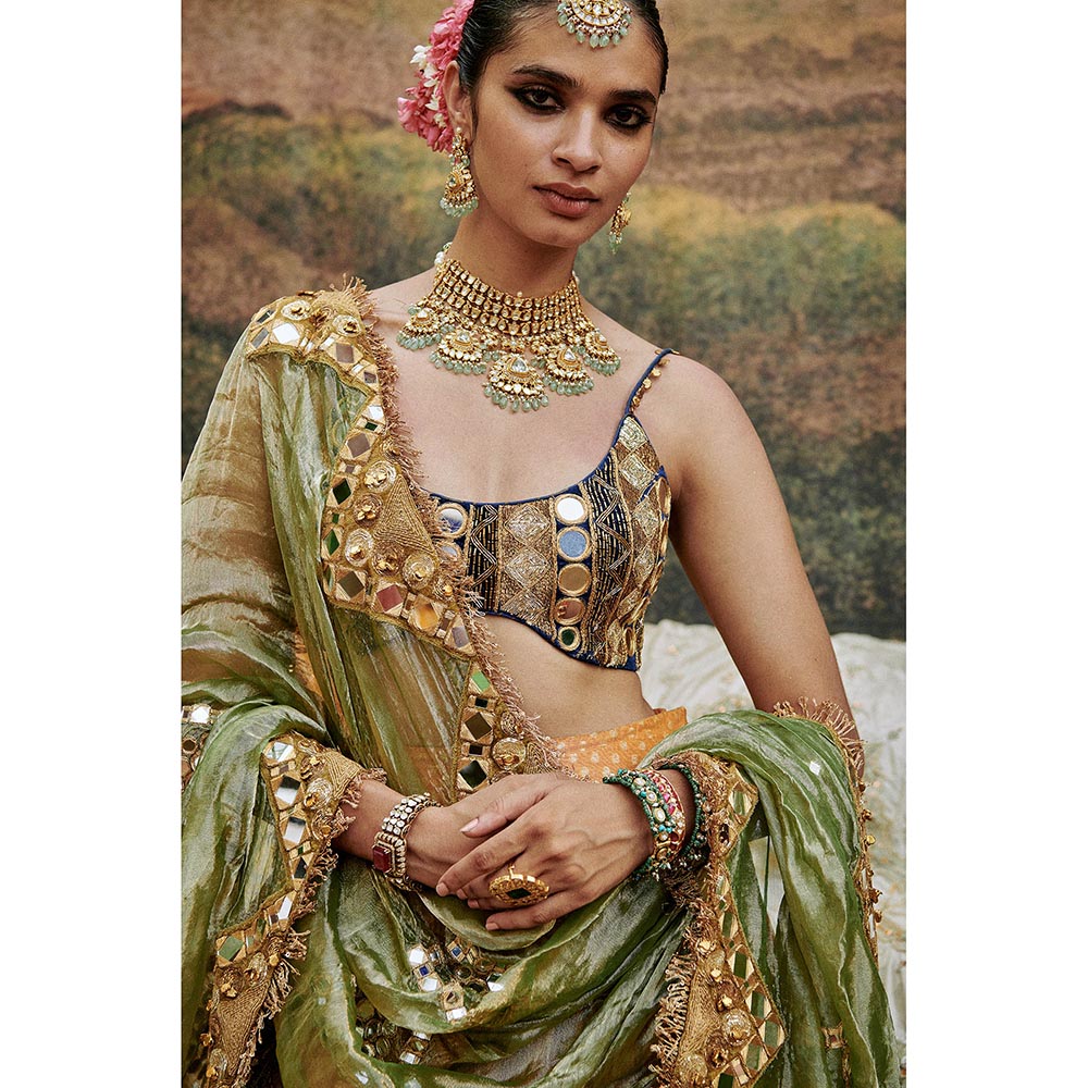 ITRH Orange Ina Sheesh Lehenga with Blouse and Dupatta (Set of 3)