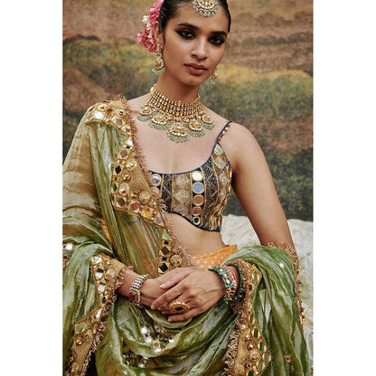 ITRH Orange Ina Sheesh Lehenga with Blouse and Dupatta (Set of 3)