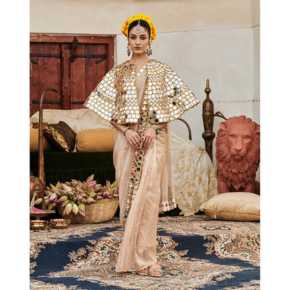 ITRH Beige Mradul Aayna Saree with Stitched Blouse with Cape