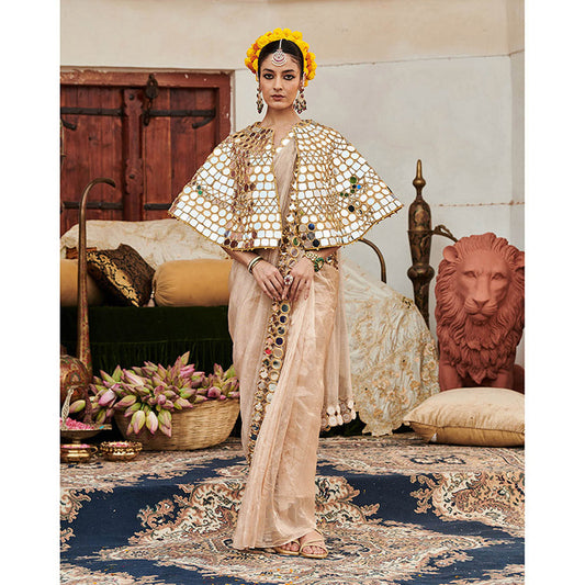 ITRH Beige Mradul Aayna Saree with Stitched Blouse with Cape