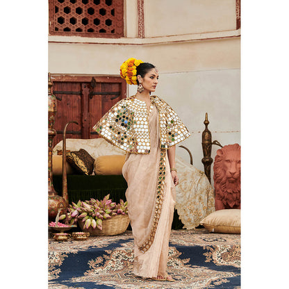 ITRH Beige Mradul Aayna Saree with Stitched Blouse with Cape