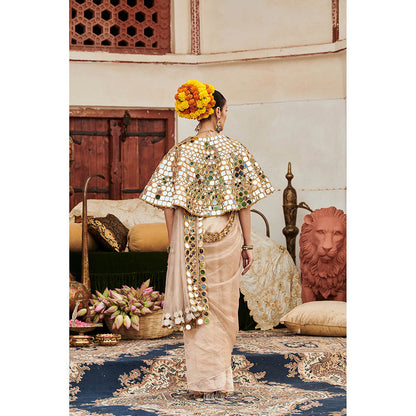 ITRH Beige Mradul Aayna Saree with Stitched Blouse with Cape
