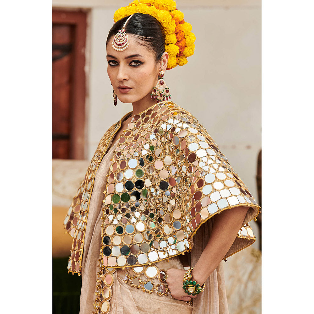 ITRH Beige Mradul Aayna Saree with Stitched Blouse with Cape