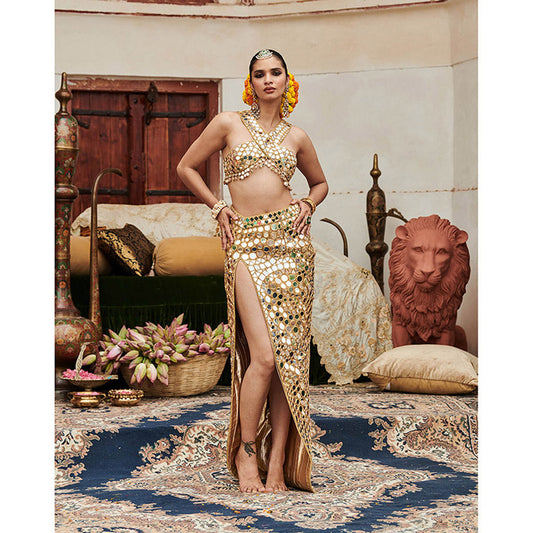 ITRH Gold Ibaarat Aayna Skirt with Blouse (Set of 2)