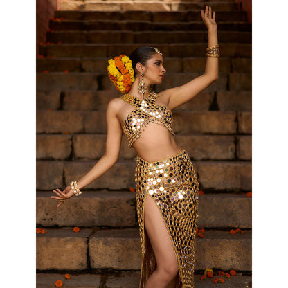 ITRH Gold Ibaarat Aayna Skirt with Blouse (Set of 2)