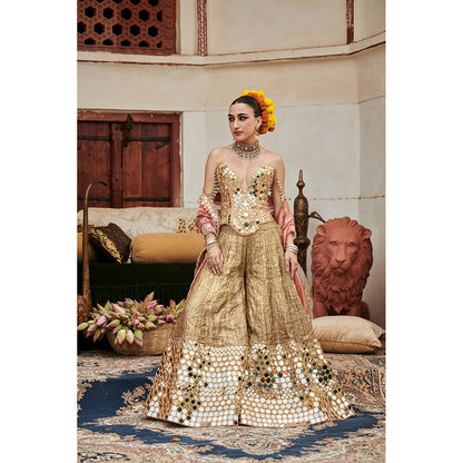 ITRH Gold Sawarna Aayna Sharara with Blouse and Dupatta (Set of 3)