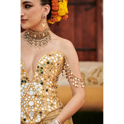 ITRH Gold Sawarna Aayna Sharara with Blouse and Dupatta (Set of 3)