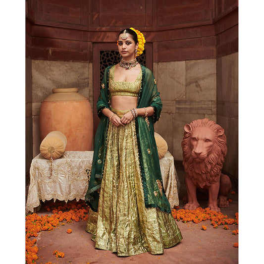 ITRH Green Pushp Lampi Lehenga with Blouse and Dupatta (Set of 3)