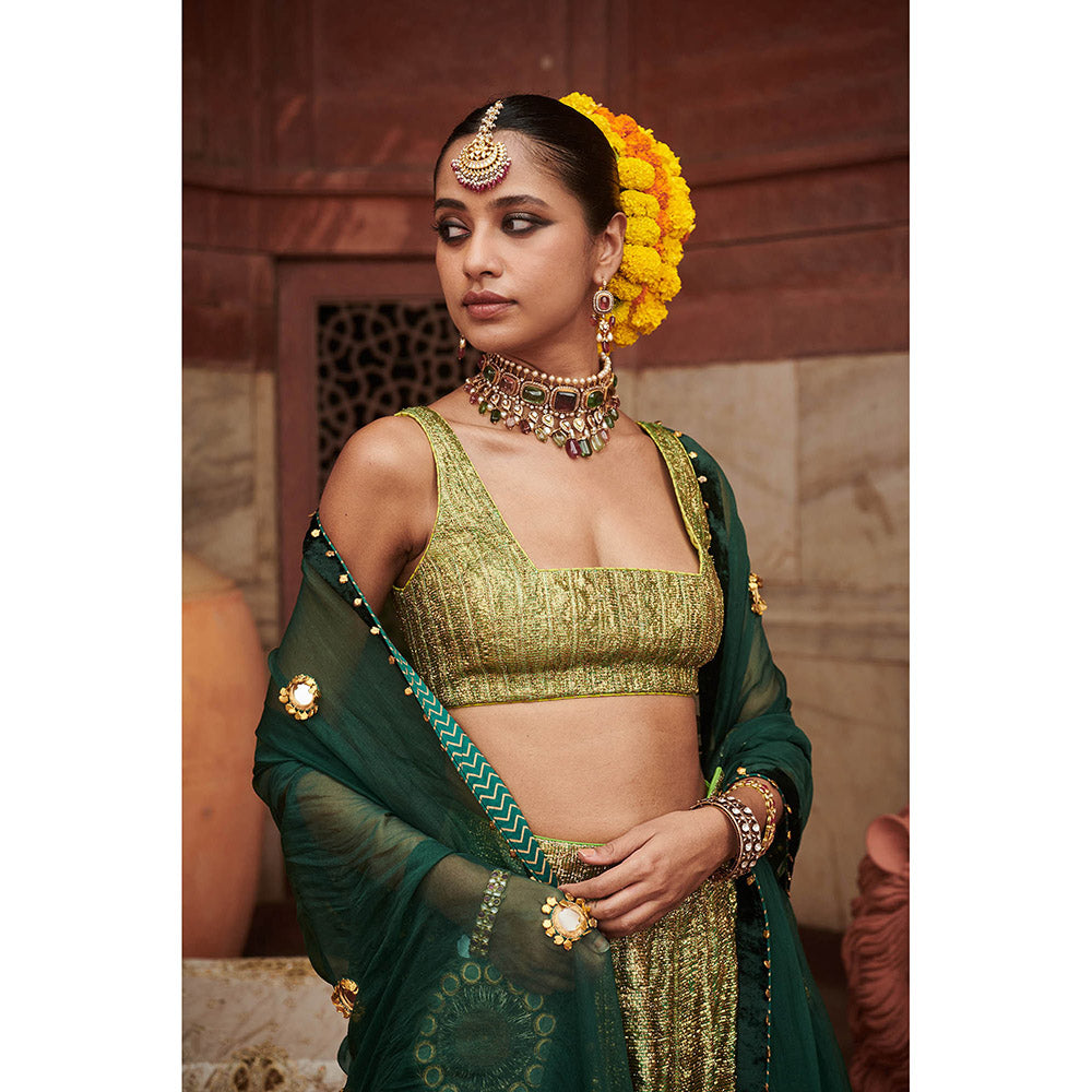 ITRH Green Pushp Lampi Lehenga with Blouse and Dupatta (Set of 3)