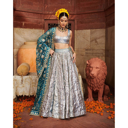 ITRH Blue Aasmani Lampi Lehenga with Blouse and Dupatta (Set of 3)