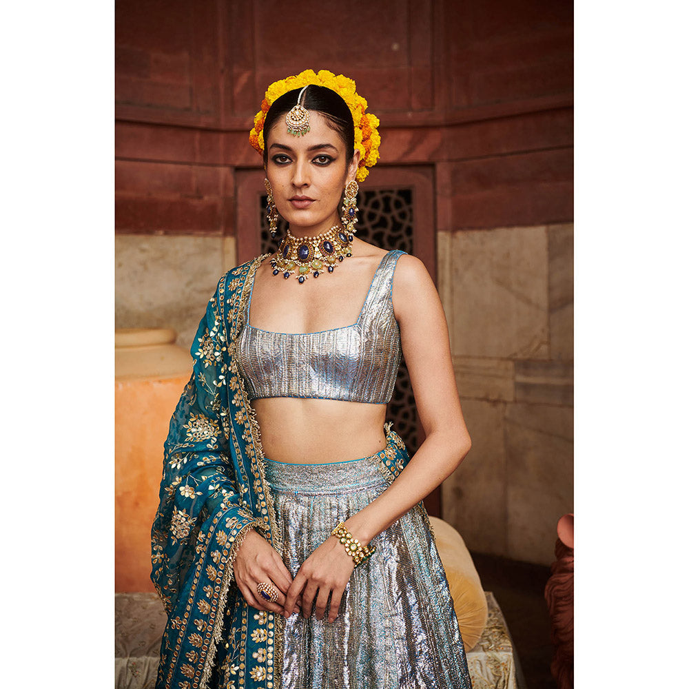 ITRH Blue Aasmani Lampi Lehenga with Blouse and Dupatta (Set of 3)