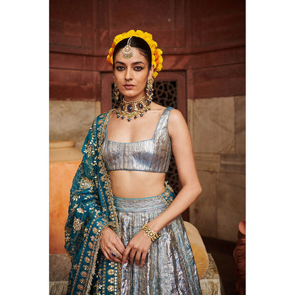 ITRH Blue Aasmani Lampi Lehenga with Blouse and Dupatta (Set of 3)