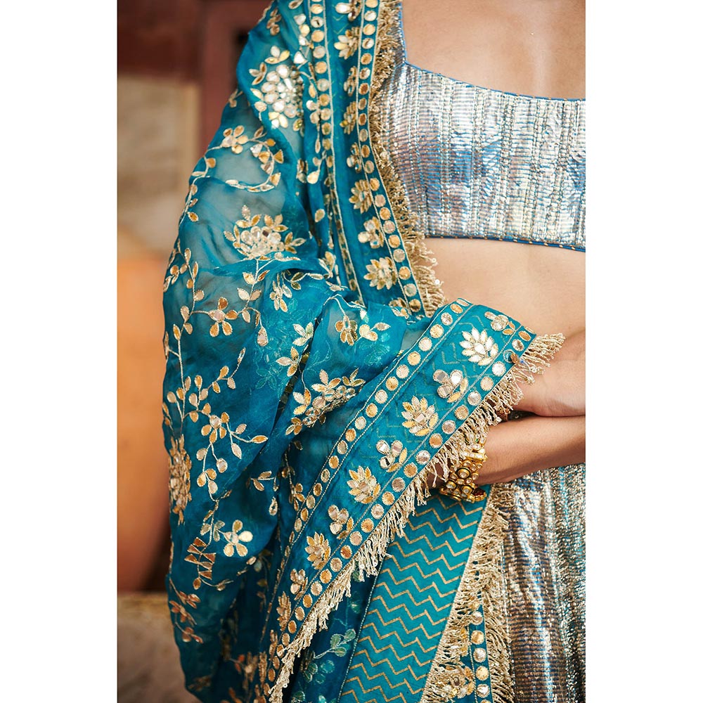 ITRH Blue Aasmani Lampi Lehenga with Blouse and Dupatta (Set of 3)