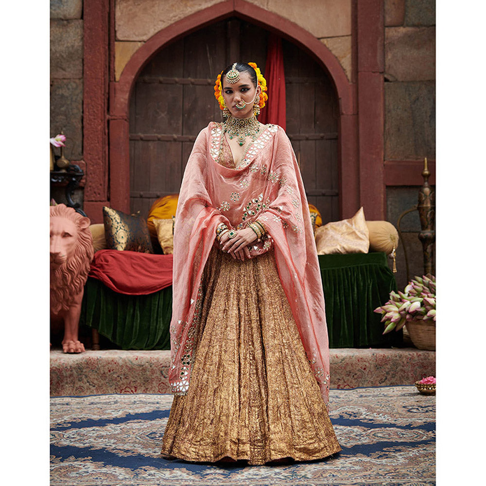 ITRH Gold Rakhta Lehenga with Blouse and Dupatta (Set of 3)