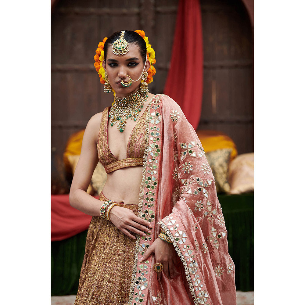 ITRH Gold Rakhta Lehenga with Blouse and Dupatta (Set of 3)