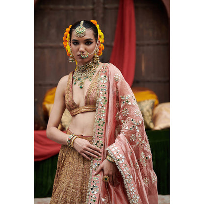 ITRH Gold Rakhta Lehenga with Blouse and Dupatta (Set of 3)