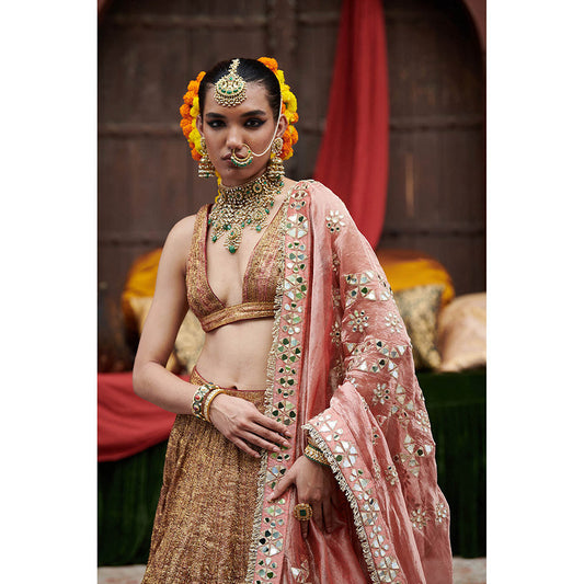 ITRH Gold Rakhta Lehenga with Blouse and Dupatta (Set of 3)