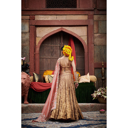 ITRH Gold Rakhta Lehenga with Blouse and Dupatta (Set of 3)