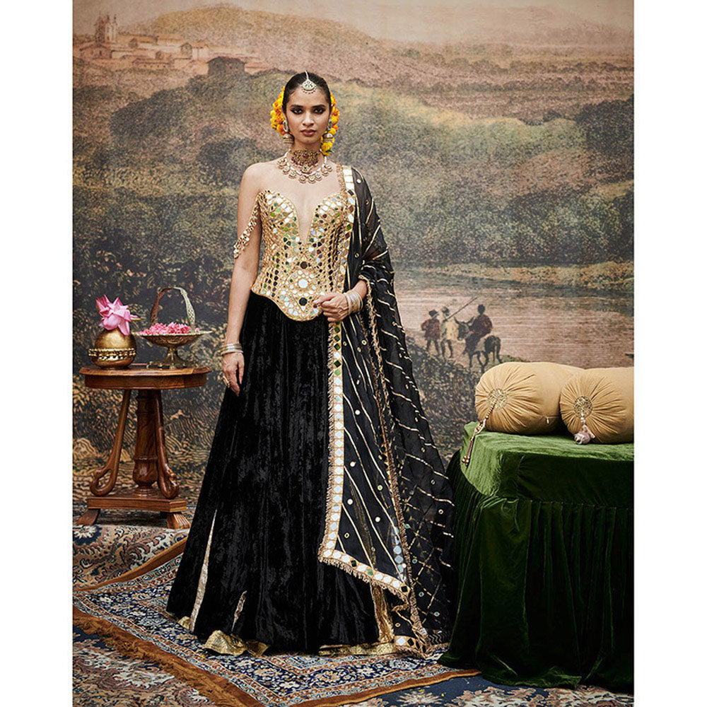 ITRH Black Surmayi Lehenga with Blouse and Dupatta (Set of 3)