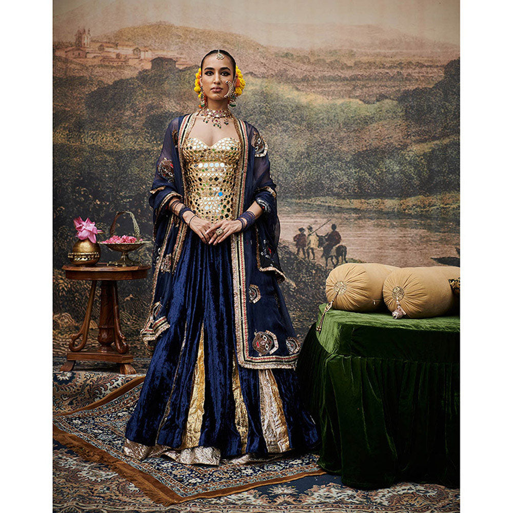 ITRH Navy Blue Zahra Lehenga with Blouse and Dupatta (Set of 3)