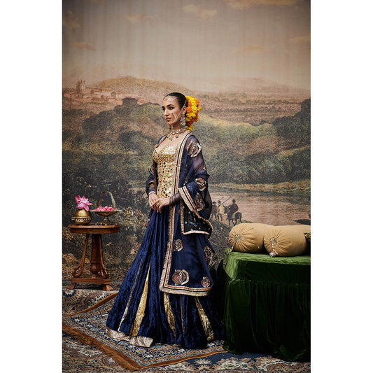 ITRH Navy Blue Zahra Lehenga with Blouse and Dupatta (Set of 3)