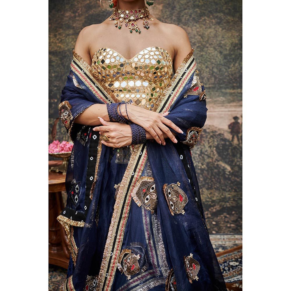 ITRH Navy Blue Zahra Lehenga with Blouse and Dupatta (Set of 3)
