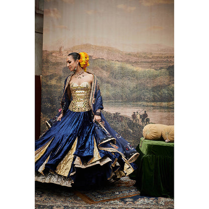 ITRH Navy Blue Zahra Lehenga with Blouse and Dupatta (Set of 3)