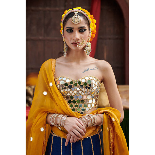 ITRH Navy Blue Qainaat Lehenga with Blouse and Dupatta (Set of 3)