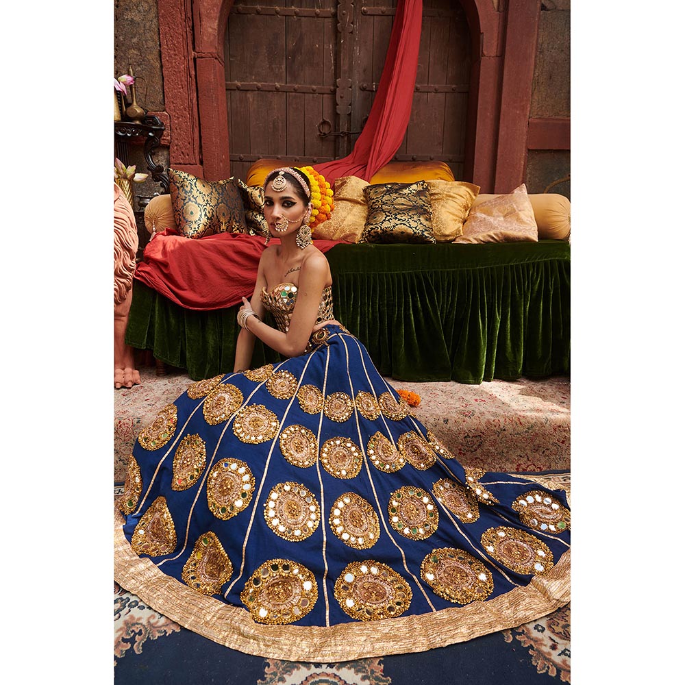 ITRH Navy Blue Qainaat Lehenga with Blouse and Dupatta (Set of 3)