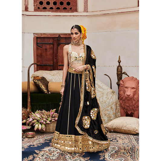 ITRH Black Sheesh Shyama Lehenga with Blouse and Dupatta (Set of 3)