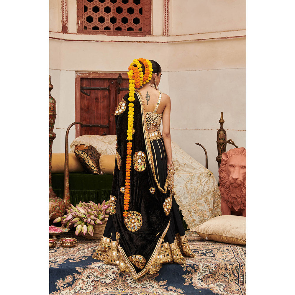 ITRH Black Sheesh Shyama Lehenga with Blouse and Dupatta (Set of 3)