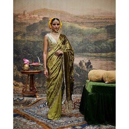ITRH Olive Green Rang-E-Mehfil Saree with Stitched Blouse