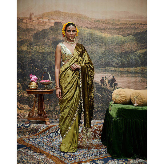 ITRH Olive Green Rang-E-Mehfil Saree with Stitched Blouse