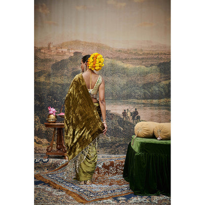 ITRH Olive Green Rang-E-Mehfil Saree with Stitched Blouse