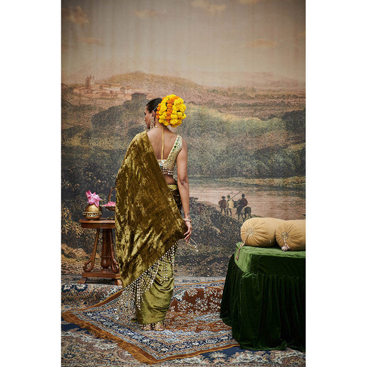 ITRH Olive Green Rang-E-Mehfil Saree with Stitched Blouse