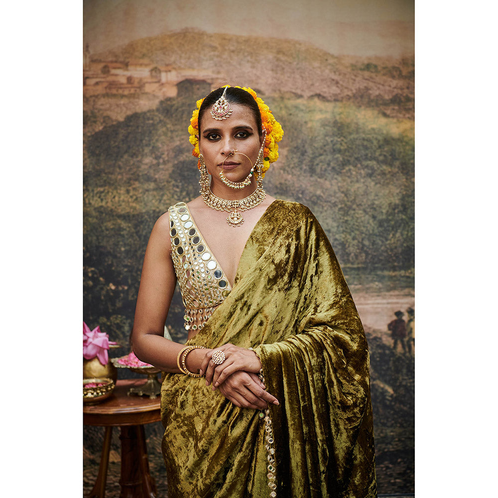 ITRH Olive Green Rang-E-Mehfil Saree with Stitched Blouse