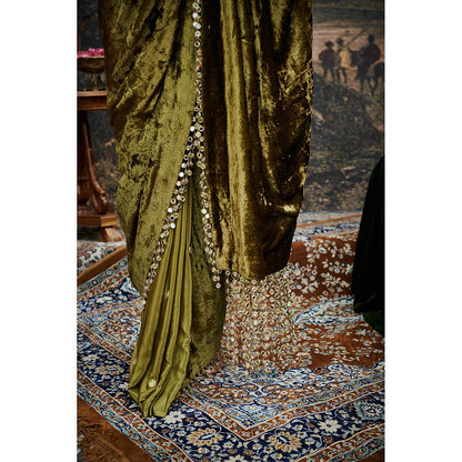 ITRH Olive Green Rang-E-Mehfil Saree with Stitched Blouse