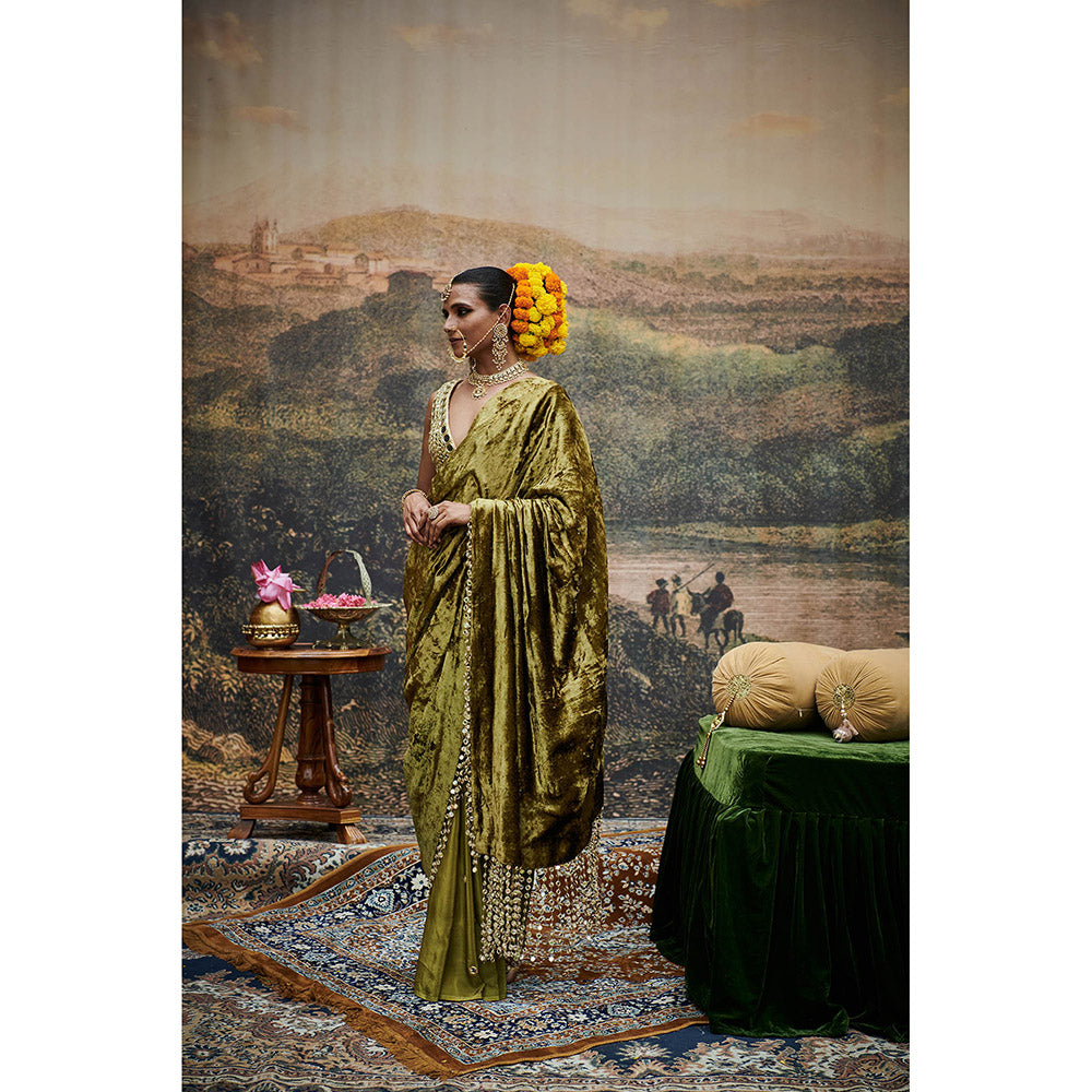 ITRH Olive Green Rang-E-Mehfil Saree with Stitched Blouse