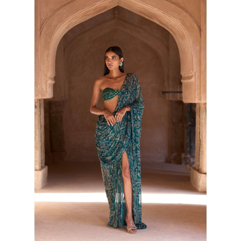 ITRH Blue Sia Pre-Draped Saree with Stitched Blouse