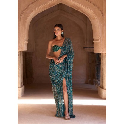 ITRH Blue Sia Pre-Draped Saree with Stitched Blouse