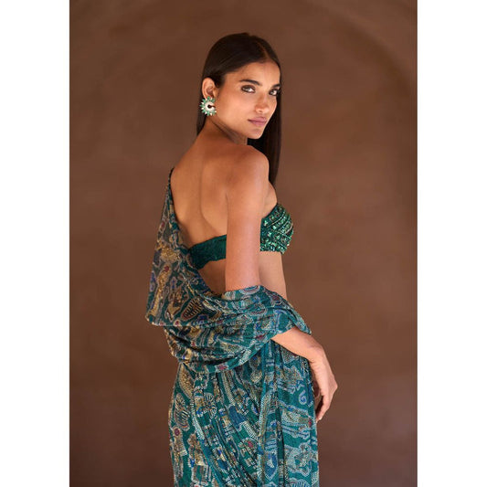 ITRH Blue Sia Pre-Draped Saree with Stitched Blouse